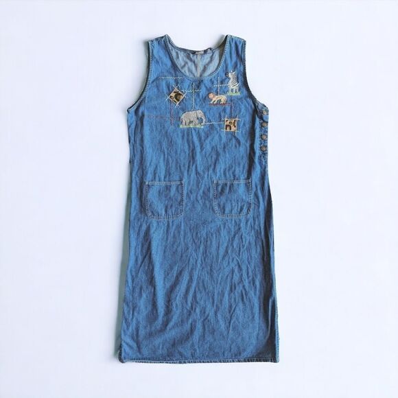 Vintage 90's Embroidered Patchwork Blue Jean Denim Patch Pocket Maxi Dress L - Picture 1 of 12